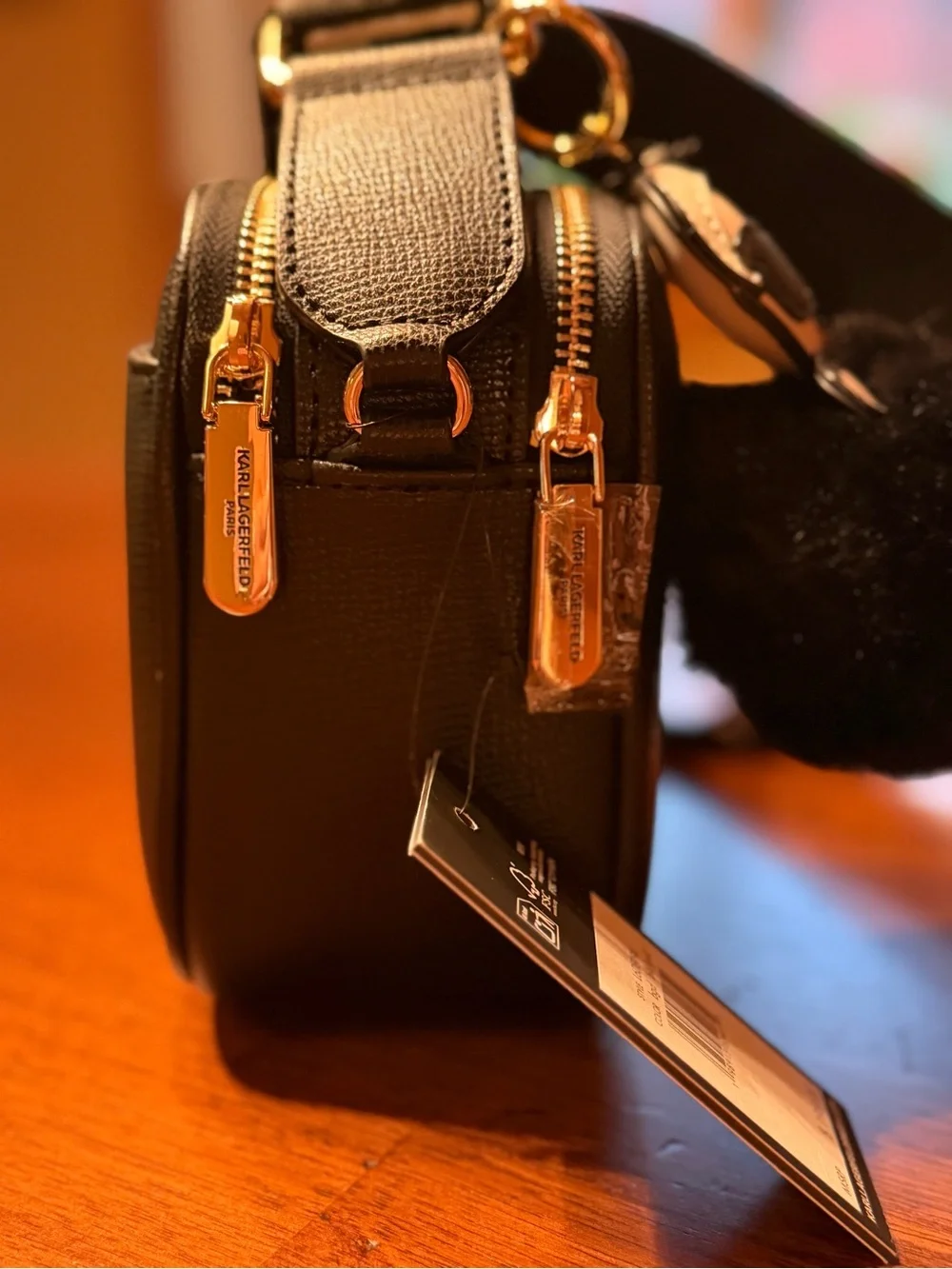 Karl Lagerfeld NWT Black 2-Zip Crossbody Camera Bag Guitar Strap Pom Charm